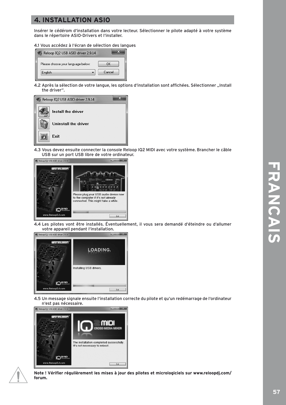 Installation asio, Fr anc ais | Reloop IQ2 MIDI User Manual | Page 58 / 69
