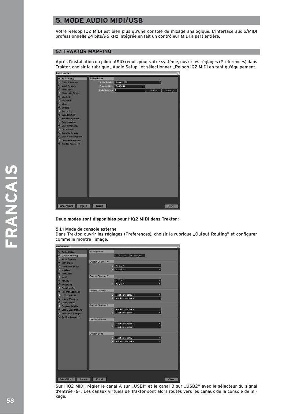 Mode audio midi/usb, 1 traktor mapping, Fr anc ais | Reloop IQ2 MIDI User Manual | Page 59 / 69