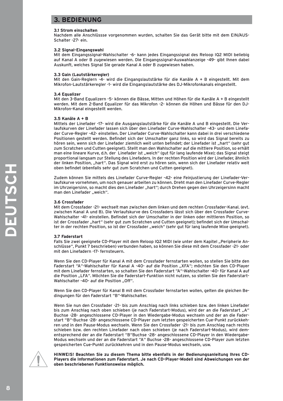 Bedienung, 1 strom einschalten, 2 signal-eingangswahl | 3 gain (lautstärkeregler), 4 equalizer, 5 kanäle a + b, 6 crossfader, 7 faderstart | Reloop IQ2 MIDI User Manual | Page 8 / 69