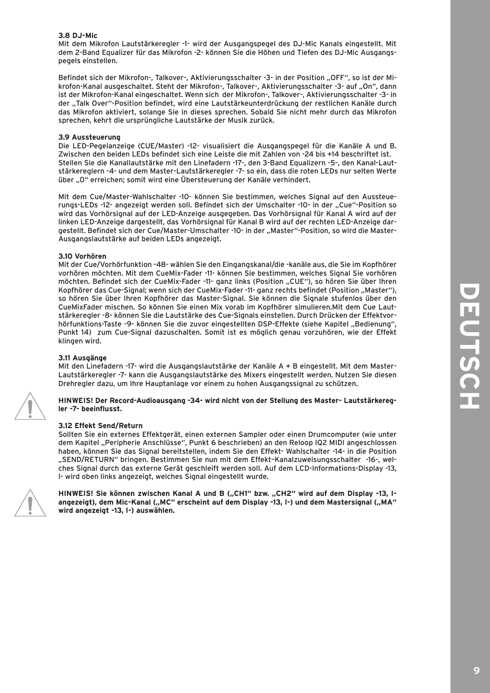 8 dj-mic, 9 aussteuerung, 10 vorhören | 11 ausgänge, 12 effekt send/return | Reloop IQ2 MIDI User Manual | Page 9 / 69