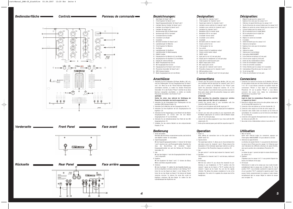 Anschlüsse, Bedienung, Designation | Connections, Operation, Désignation, Connexions, Utilisation | Reloop RMX-20 BLACKFIRE EDITION User Manual | Page 4 / 8