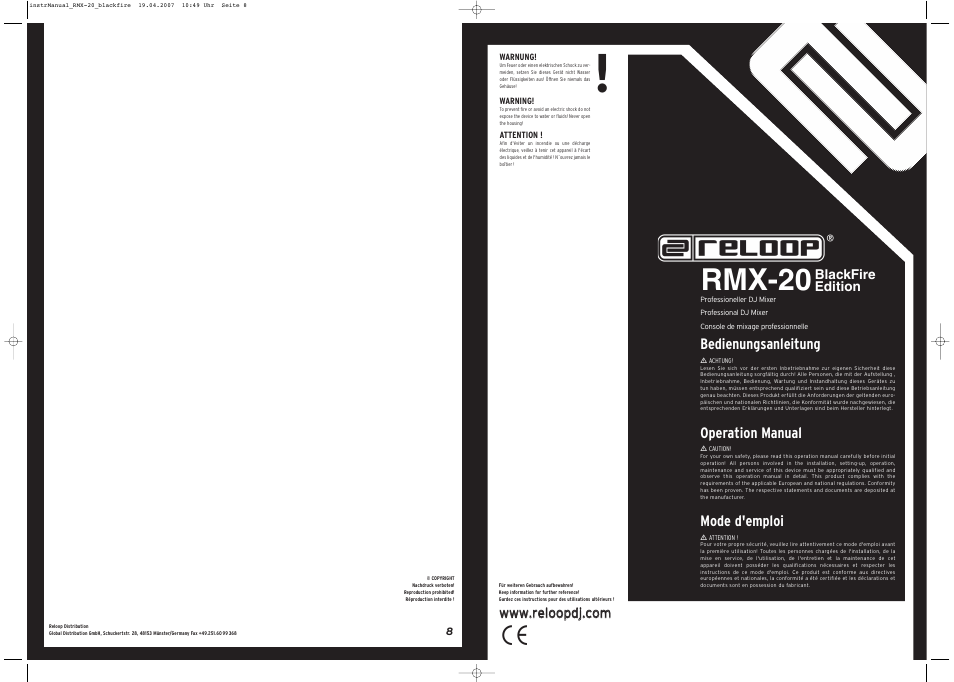 Rmx-20, Bedienungsanleitung, Operation manual | Mode d'emploi | Reloop RMX-20 BLACKFIRE EDITION User Manual | Page 8 / 8