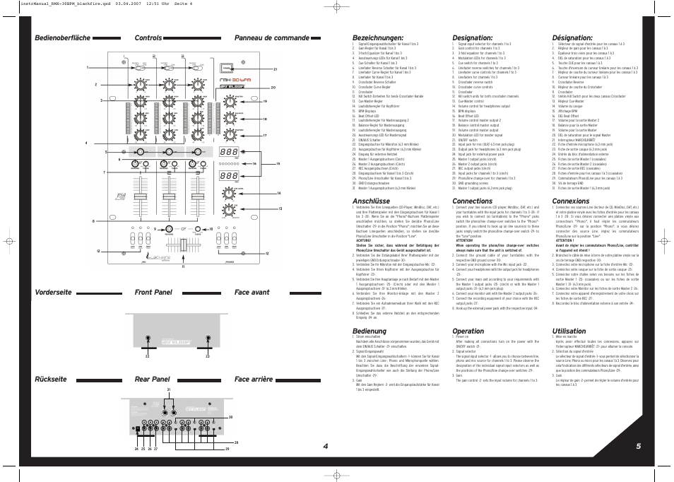 Anschlüsse, Bedienung, Designation | Connections, Operation, Désignation, Connexions, Utilisation | Reloop RMX-30 BPM BLACKFIRE EDITION User Manual | Page 4 / 8