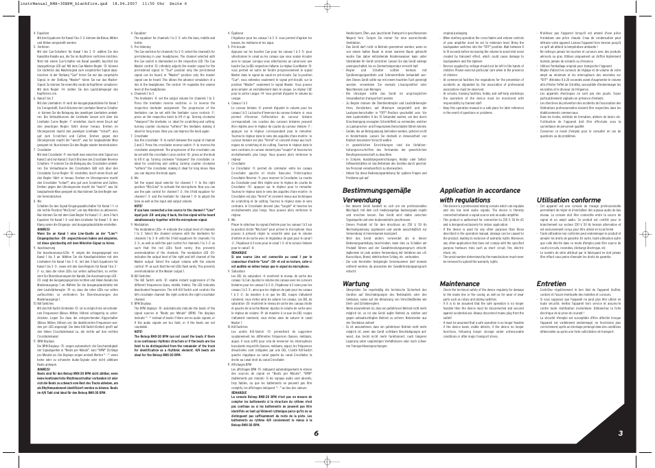 Bestimmungsgemäße verwendung, Wartung, Application in accordance with regulations | Maintenance, Utilisation conforme, Entretien | Reloop RMX-30 BPM BLACKFIRE EDITION User Manual | Page 6 / 8