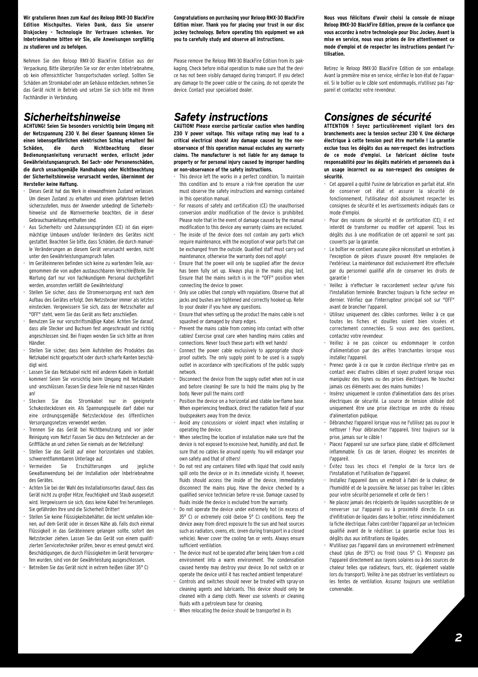 Sicherheitshinweise, Safety instructions, Consignes de sécurité | Reloop RMX-30 BLACKFIRE EDITION User Manual | Page 2 / 8