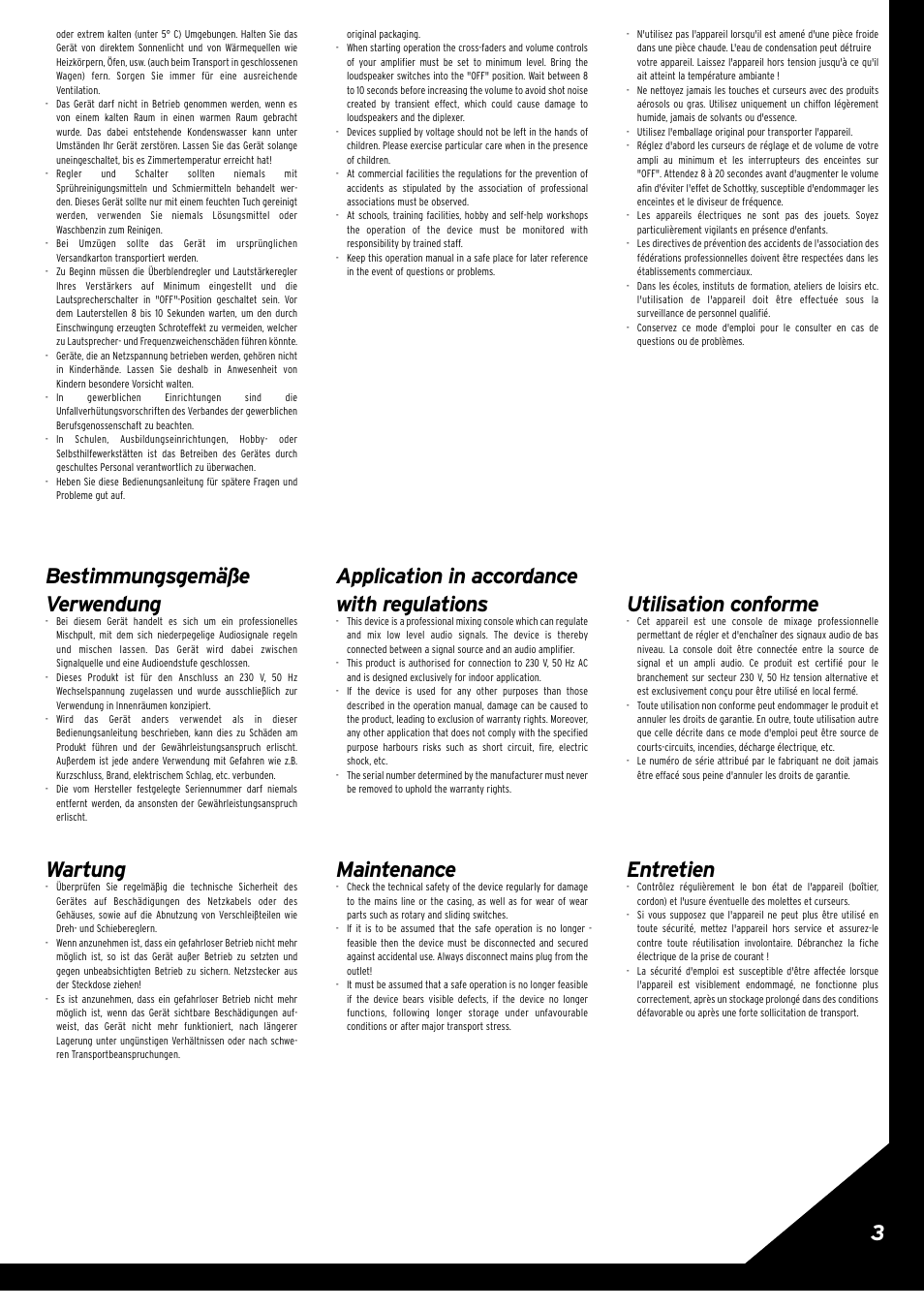 Bestimmungsgemäße verwendung, Wartung, Application in accordance with regulations | Maintenance, Utilisation conforme, Entretien | Reloop RMX-30 BLACKFIRE EDITION User Manual | Page 3 / 8
