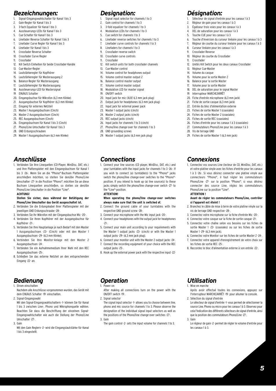 5bezeichnungen, Anschlüsse, Bedienung | Designation, Connections, Operation, Désignation, Connexions, Utilisation | Reloop RMX-30 BLACKFIRE EDITION User Manual | Page 5 / 8