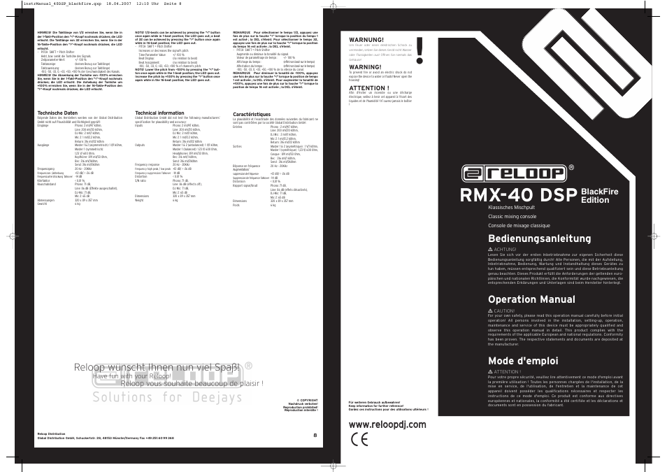 Rmx-40 dsp, Bedienungsanleitung, Operation manual | Mode d'emploi, Reloop wünscht ihnen nun viel spaß, Blackfire edition, Reloop vous souhaite beaucoup de plaisir | Reloop RMX-40 DSP BLACKFIRE EDITION User Manual | Page 8 / 8