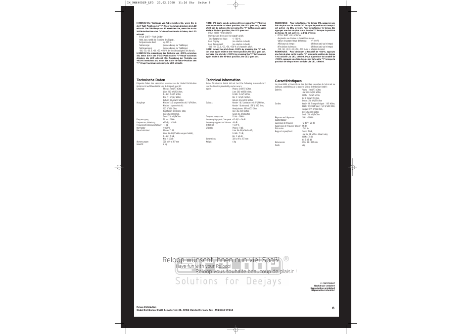 Reloop wünscht ihnen nun viel spaß, Reloop vous souhaite beaucoup de plaisir, Have fun with your reloop | Reloop RMX-40 DSP LTD. User Manual | Page 8 / 8