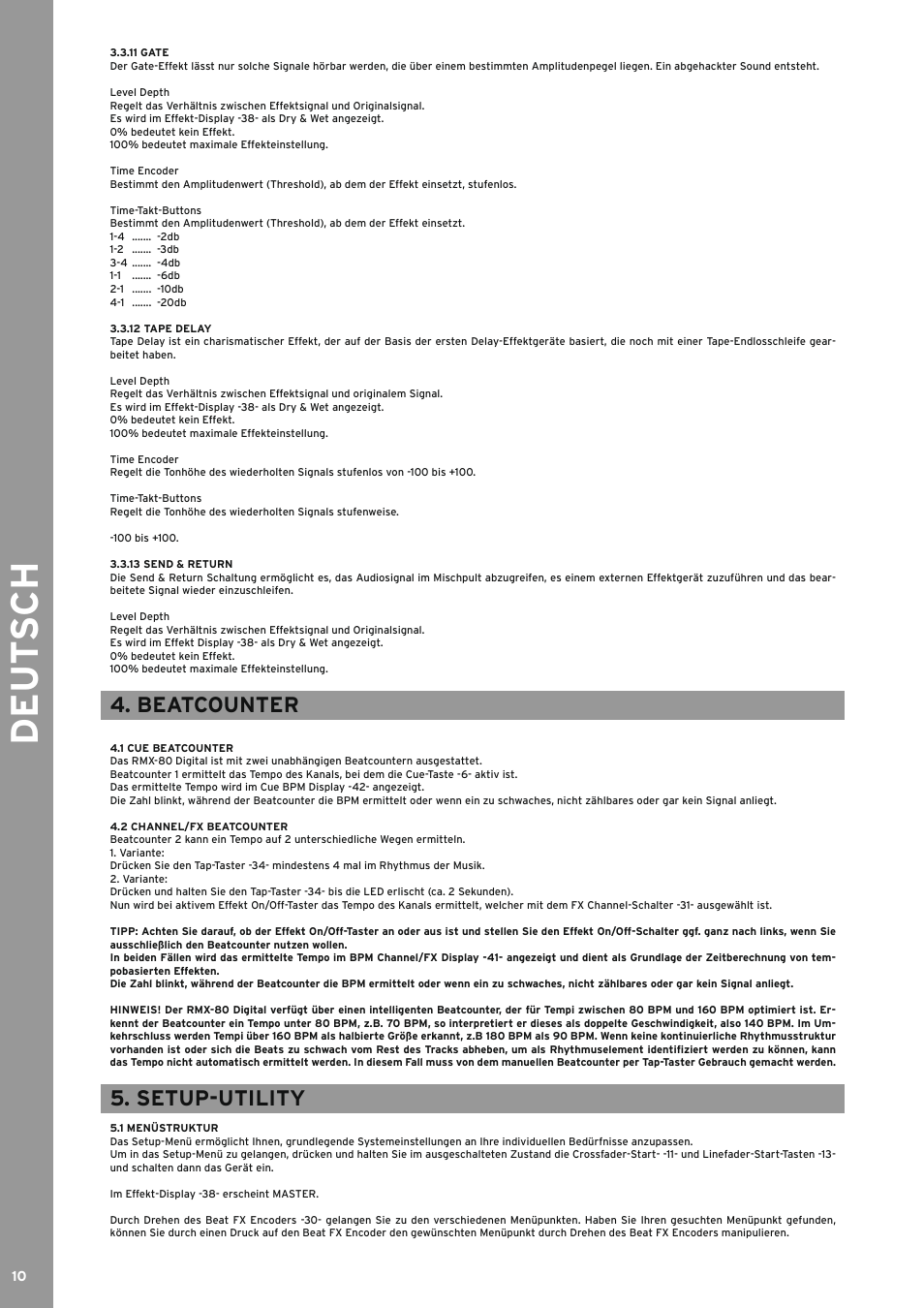 11 gate, 12 tape delay, 13 send & return | Beatcounter, 1 cue beatcounter, 2 channel/fx beatcounter, Setup-utility, 1 menüstruktur, ..........beatcounter, ..........setup-utility | Reloop RMX-80 DIGITAL User Manual | Page 10 / 44