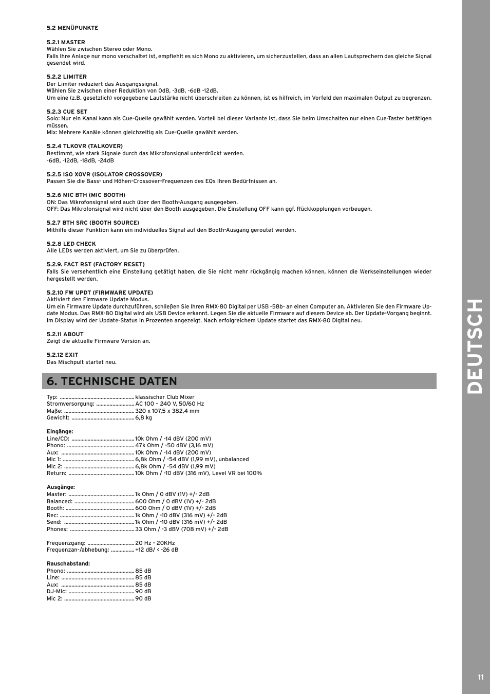 2 menüpunkte, 1 master, 2 limiter | 3 cue set, 4 tlkovr (talkover), 5 iso xovr (isolator crossover), 6 mic bth (mic booth), 7 bth src (booth source), 8 led check, Fact rst (factory reset) | Reloop RMX-80 DIGITAL User Manual | Page 11 / 44