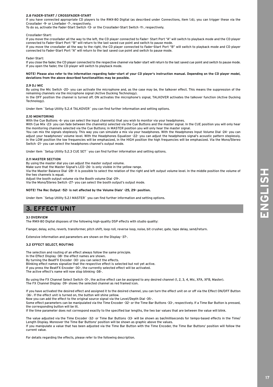 8 fader-start / crossfader-start, 9 dj mic, 10 monitoring | 11 master section, Effect unit, 1 overview, 2 effect select, routing, ...............effect unit, English | Reloop RMX-80 DIGITAL User Manual | Page 17 / 44
