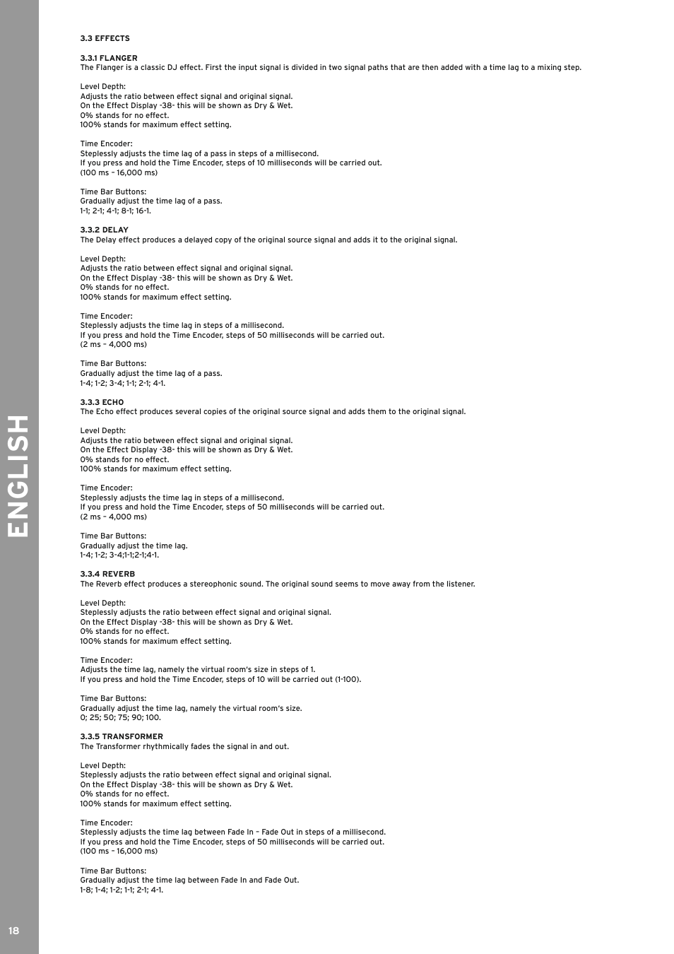 3 effects, 1 flanger, 2 delay | 3 echo, 4 reverb, 5 transformer, English | Reloop RMX-80 DIGITAL User Manual | Page 18 / 44