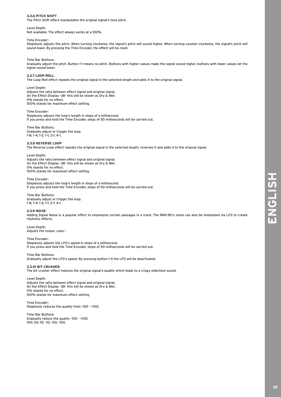 6 pitch shift, 7 loop roll, 8 reverse loop | 9 noise, 10 bit crusher, English | Reloop RMX-80 DIGITAL User Manual | Page 19 / 44