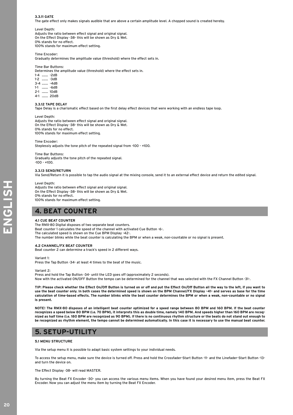 11 gate, 12 tape delay, 13 send/return | Beat counter, 1 cue beat counter, 2 channel/fx beat counter, Setup-utility, 1 menu structure, ...............beat counter, ...............setup-utility | Reloop RMX-80 DIGITAL User Manual | Page 20 / 44