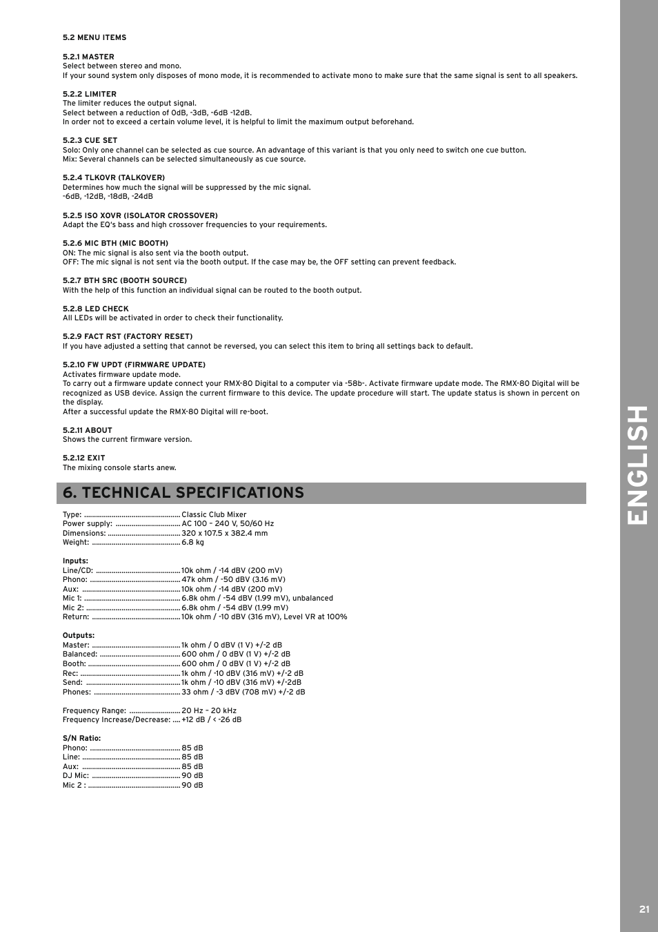 2 menu items, 1 master, 2 limiter | 3 cue set, 4 tlkovr (talkover), 5 iso xovr (isolator crossover), 6 mic bth (mic booth), 7 bth src (booth source), 8 led check, 9 fact rst (factory reset) | Reloop RMX-80 DIGITAL User Manual | Page 21 / 44