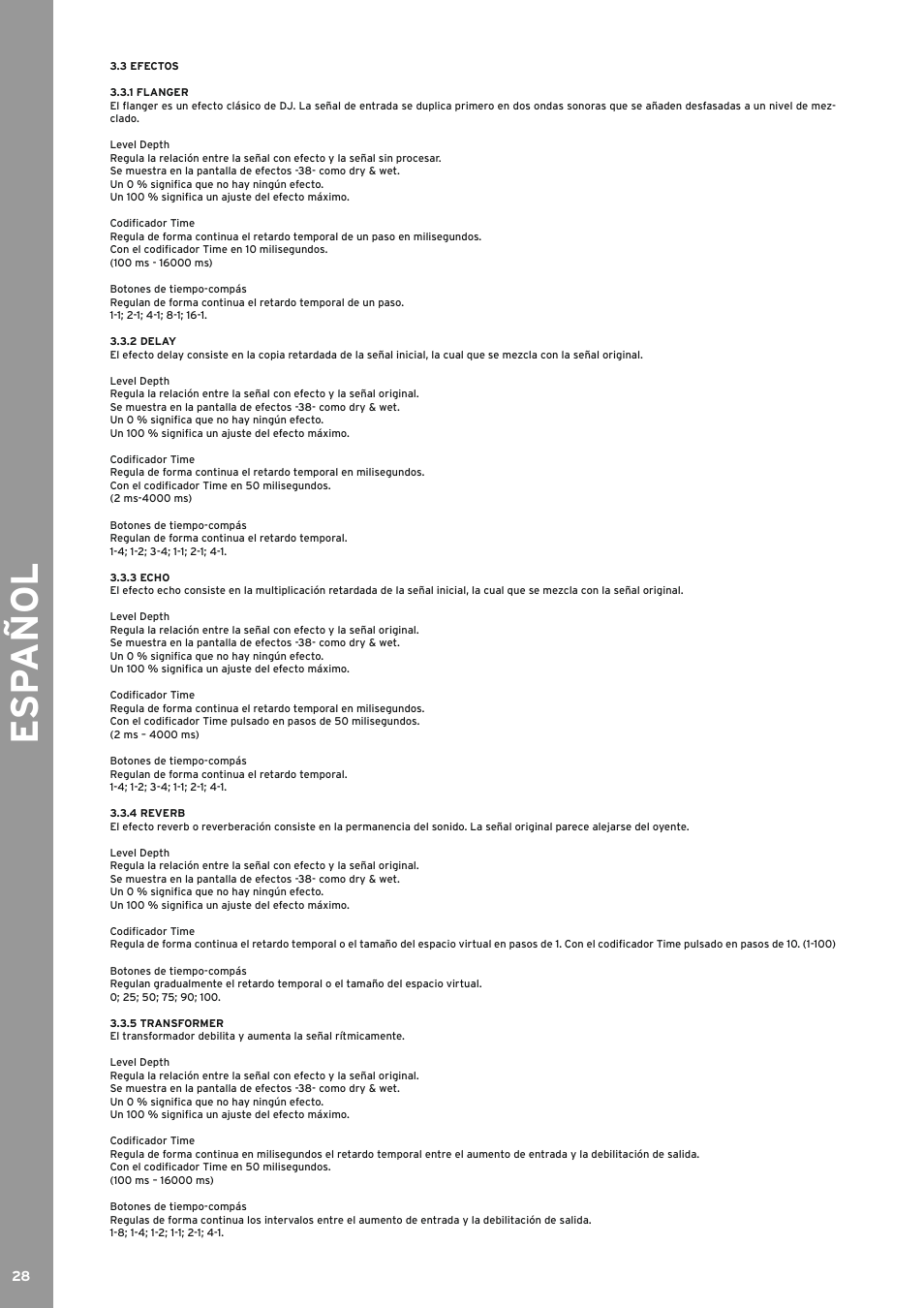 3 efectos, 1 flanger, 2 delay | 3 echo, 4 reverb, 5 transformer, Esp añol | Reloop RMX-80 DIGITAL User Manual | Page 28 / 44