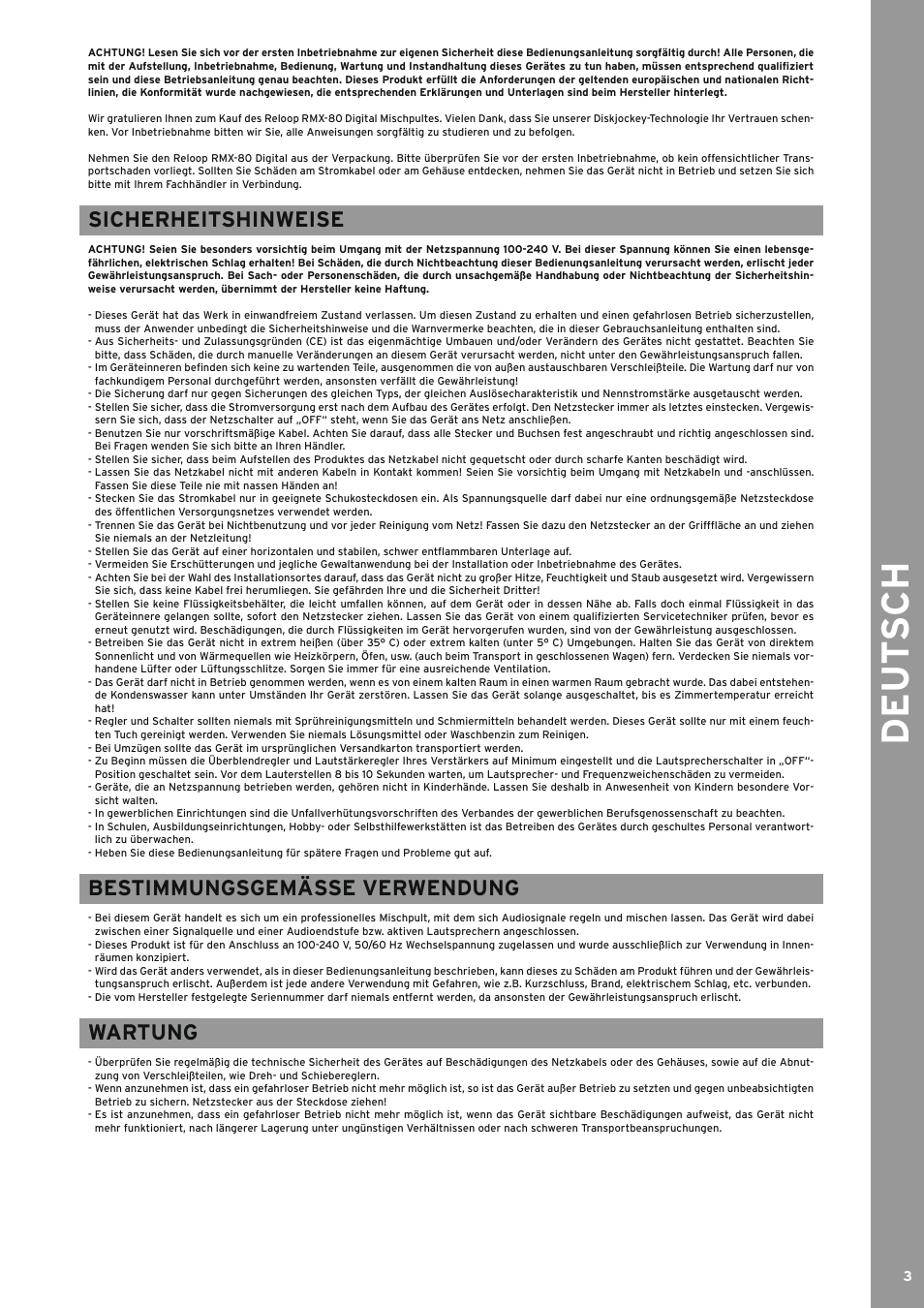 Deutsch, Sicherheitshinweise, Bestimmungsgemäße verwendung | Wartung, De ut s ch, Bestimmungsgemässe verwendung | Reloop RMX-80 DIGITAL User Manual | Page 3 / 44