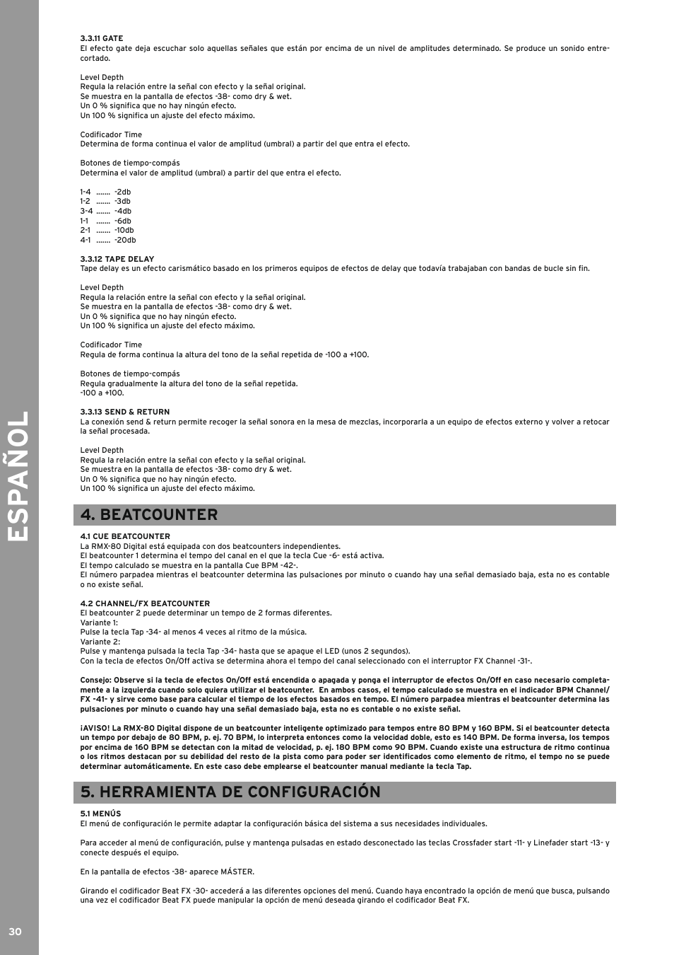 11 gate, 12 tape delay, 13 send & return | Beatcounter, 1 cue beatcounter, 2 channel/fx beatcounter, Herramienta de configuración, 1 menús, ...... beatcounter, ...... herramienta de configuración | Reloop RMX-80 DIGITAL User Manual | Page 30 / 44