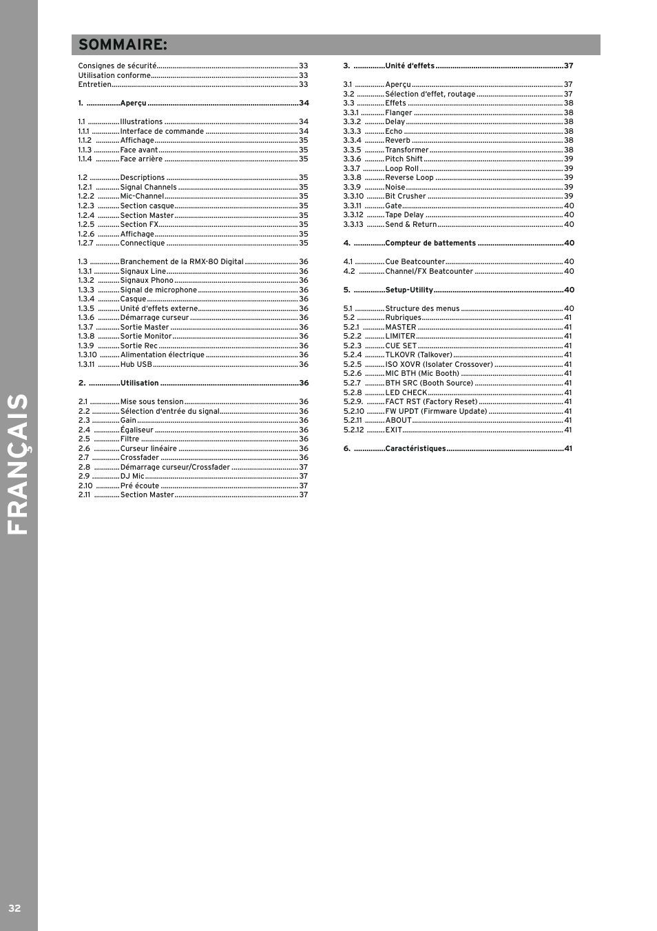 Fr ançais, Sommaire | Reloop RMX-80 DIGITAL User Manual | Page 32 / 44