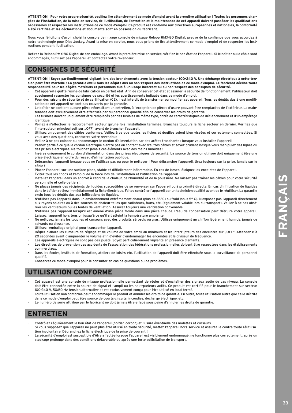 Consignes de sécurité, Utilisation conforme, Entretien | Fr ançais | Reloop RMX-80 DIGITAL User Manual | Page 33 / 44