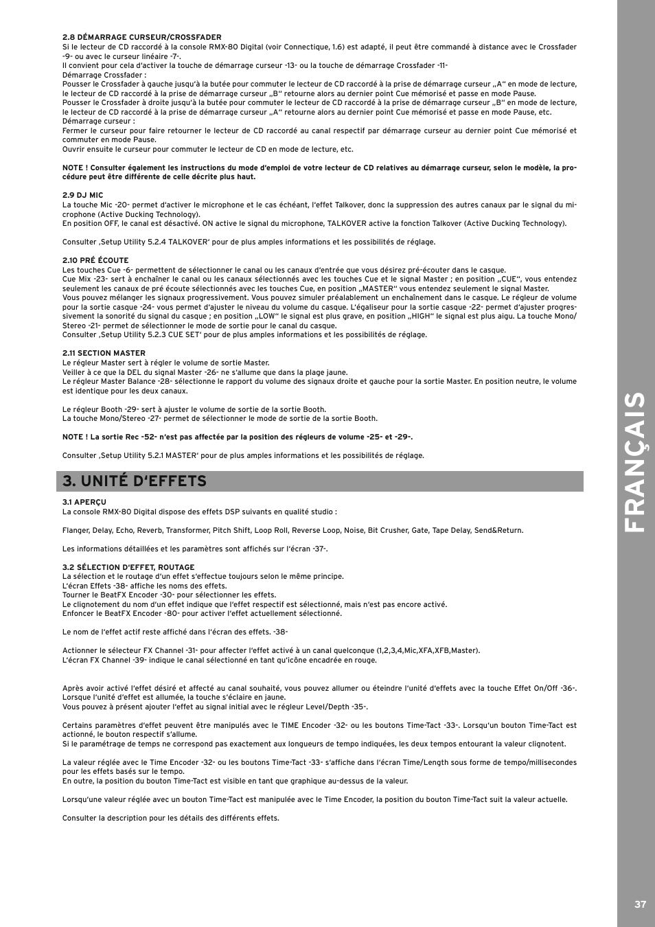 8 démarrage curseur/crossfader, 9 dj mic, 10 pré écoute | 11 section master, Unité d‘effets, 1 aperçu, 2 sélection d‘effet, routage, ...............unité d‘effets, Fr ançais | Reloop RMX-80 DIGITAL User Manual | Page 37 / 44