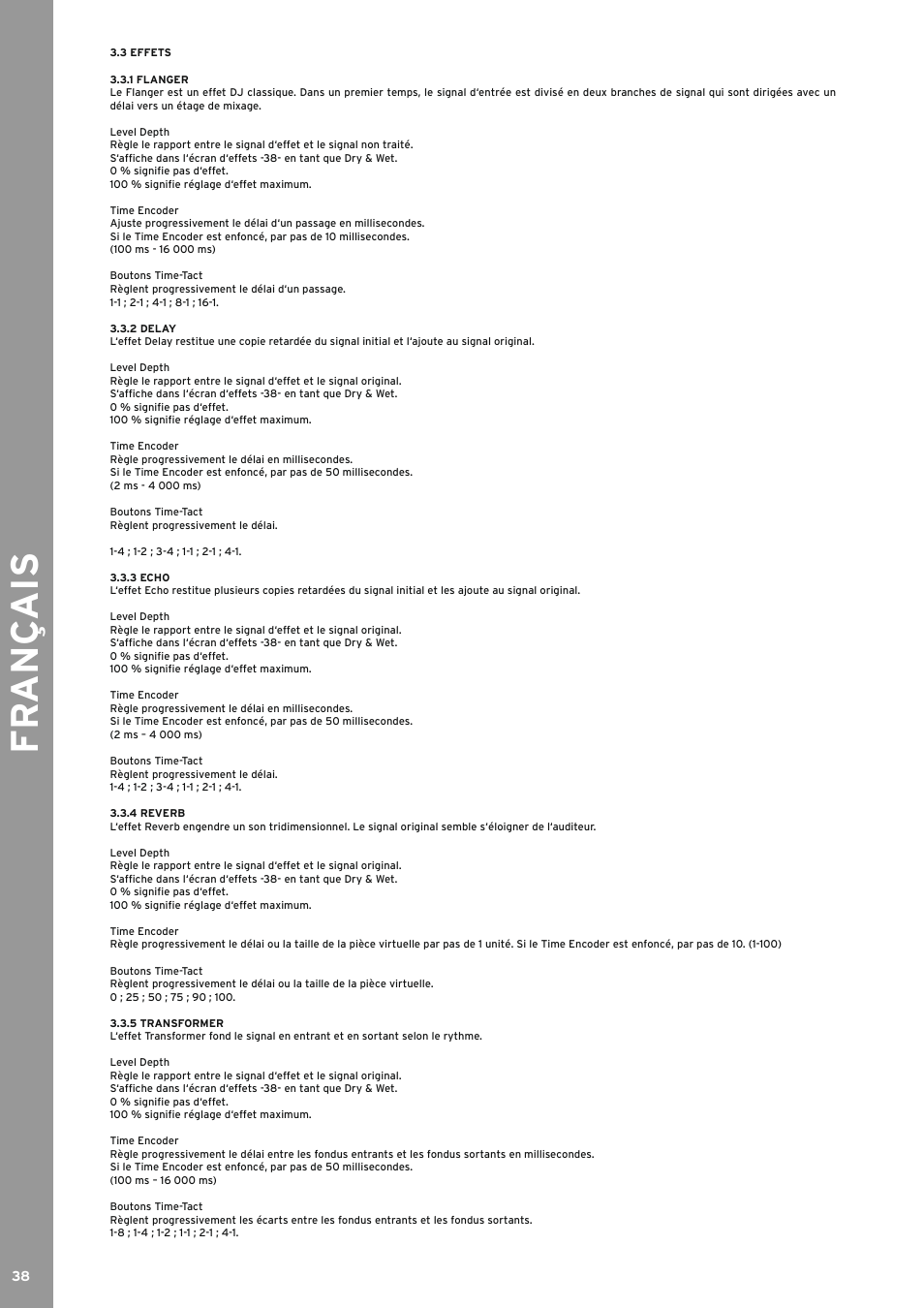 3 effets, 1 flanger, 2 delay | 3 echo, 4 reverb, 5 transformer, Fr ançais | Reloop RMX-80 DIGITAL User Manual | Page 38 / 44