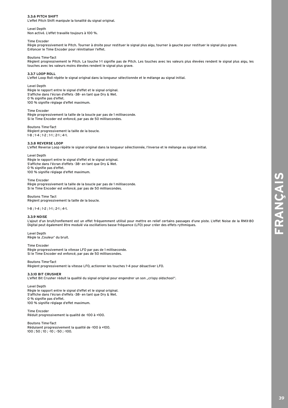 6 pitch shift, 7 loop roll, 8 reverse loop | 9 noise, 10 bit crusher, Fr ançais | Reloop RMX-80 DIGITAL User Manual | Page 39 / 44