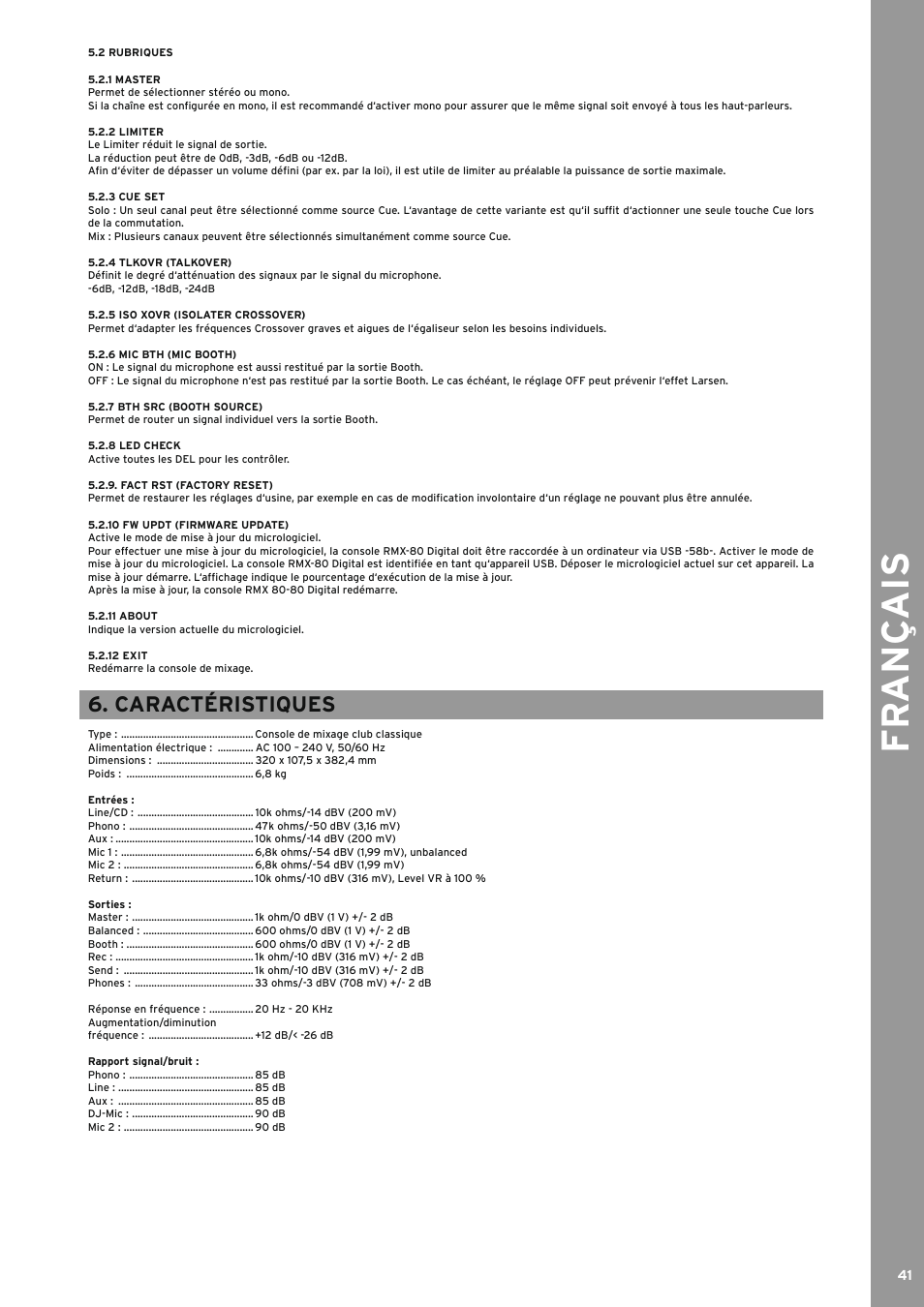 2 rubriques, 1 master, 2 limiter | 3 cue set, 4 tlkovr (talkover), 5 iso xovr (isolater crossover), 6 mic bth (mic booth), 7 bth src (booth source), 8 led check, Fact rst (factory reset) | Reloop RMX-80 DIGITAL User Manual | Page 41 / 44