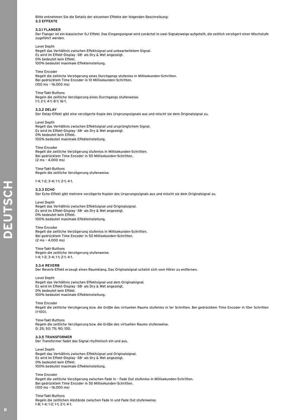 3 effekte, 1 flanger, 2 delay | 3 echo, 4 reverb, 5 transformer, De ut s ch | Reloop RMX-80 DIGITAL User Manual | Page 8 / 44