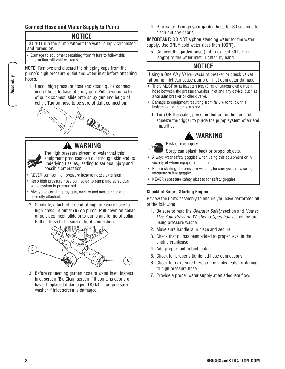 Connect hose and water supply to pump, Notice, Warning | Briggs & Stratton 020324-0 User Manual | Page 10 / 56