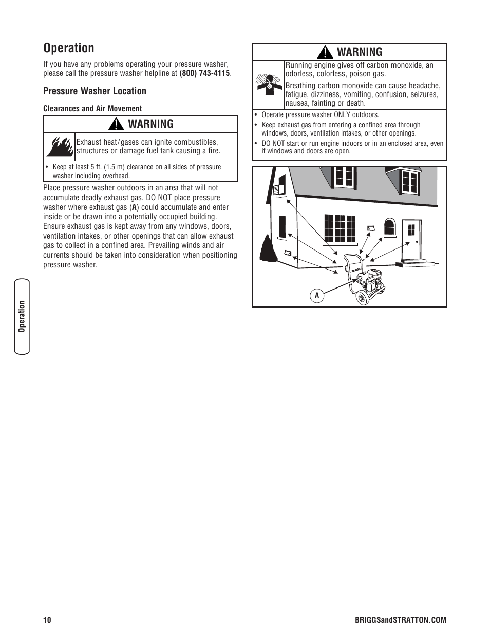Operation, Pressure washer location, Warning | Briggs & Stratton 020324-0 User Manual | Page 12 / 56