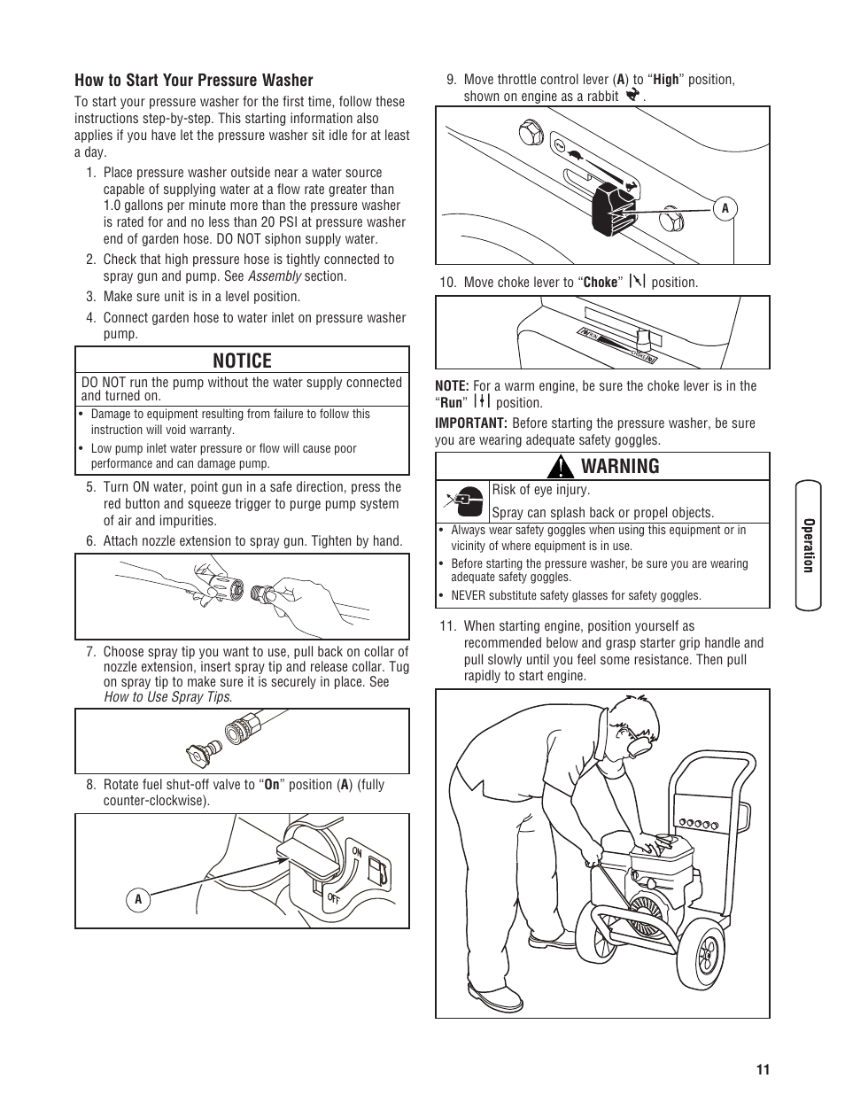 How to start your pressure washer, Notice, Warning | Briggs & Stratton 020324-0 User Manual | Page 13 / 56