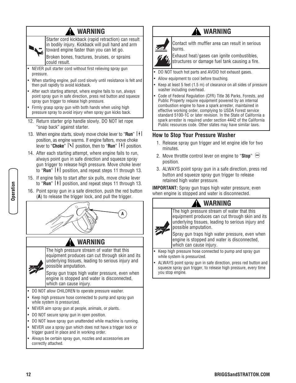 How to stop your pressure washer, Warning | Briggs & Stratton 020324-0 User Manual | Page 14 / 56