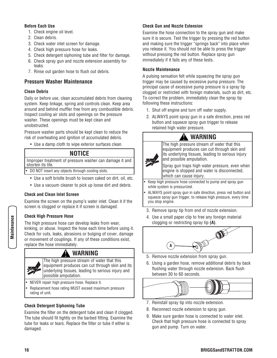 Pressure washer maintenance, Notice, Warning | Briggs & Stratton 020324-0 User Manual | Page 18 / 56