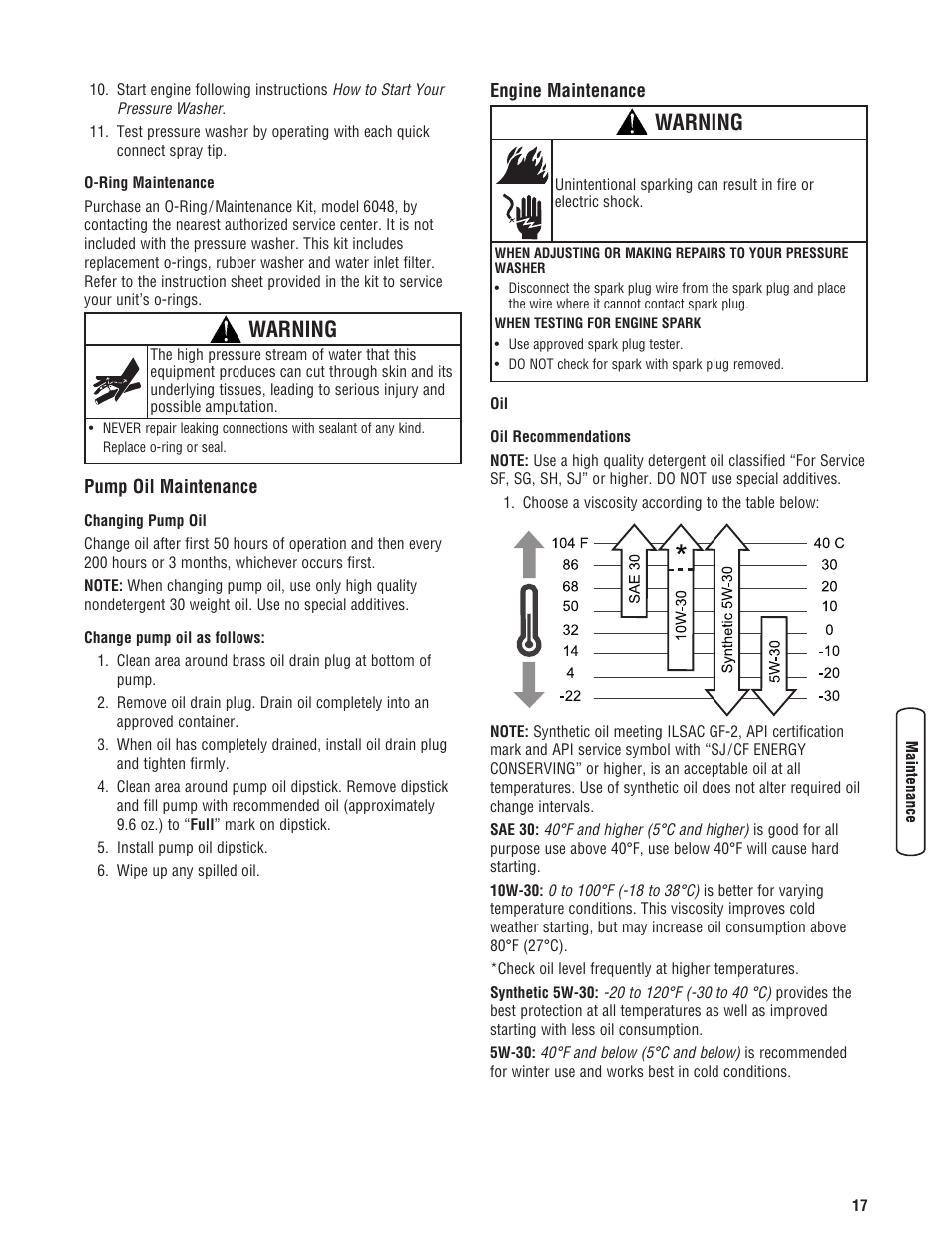Pump oil maintenance engine maintenance, Warning | Briggs & Stratton 020324-0 User Manual | Page 19 / 56