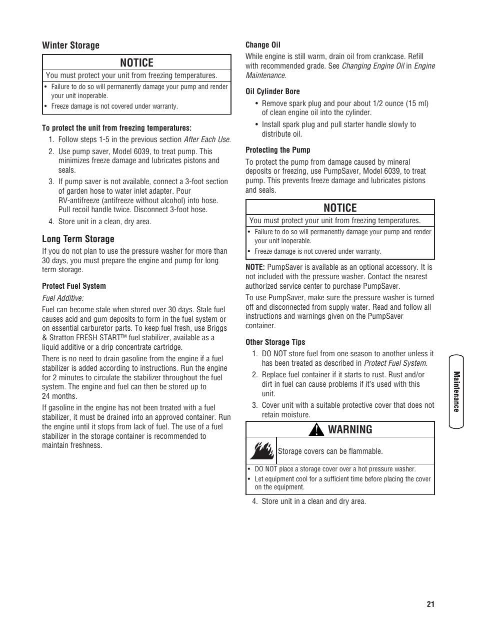 Especificacion, Winter storage long term storage, Notice | Warning | Briggs & Stratton 020324-0 User Manual | Page 23 / 56