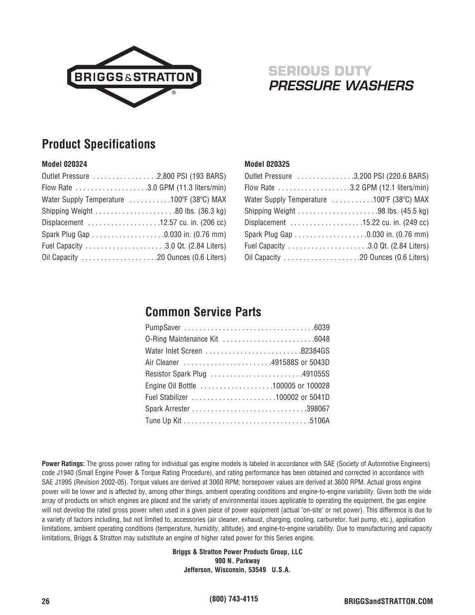 Servicio común despide, Common service parts, Product specifications | Briggs & Stratton 020324-0 User Manual | Page 28 / 56