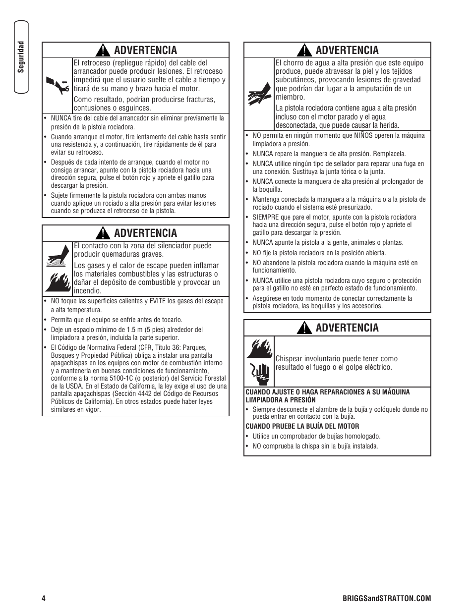 Advertencia | Briggs & Stratton 020324-0 User Manual | Page 34 / 56