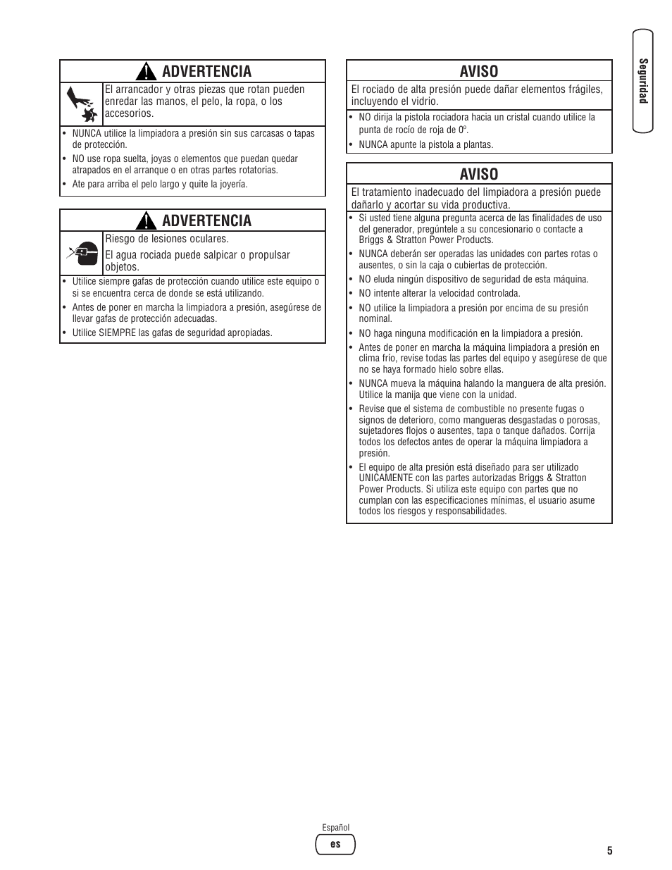 Aviso, Advertencia | Briggs & Stratton 020324-0 User Manual | Page 35 / 56