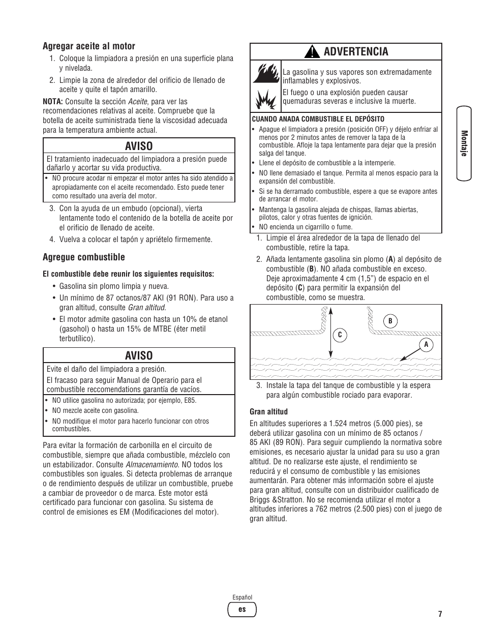 Aviso, Advertencia | Briggs & Stratton 020324-0 User Manual | Page 37 / 56