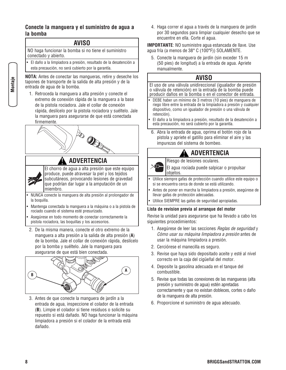 Aviso, Advertencia | Briggs & Stratton 020324-0 User Manual | Page 38 / 56