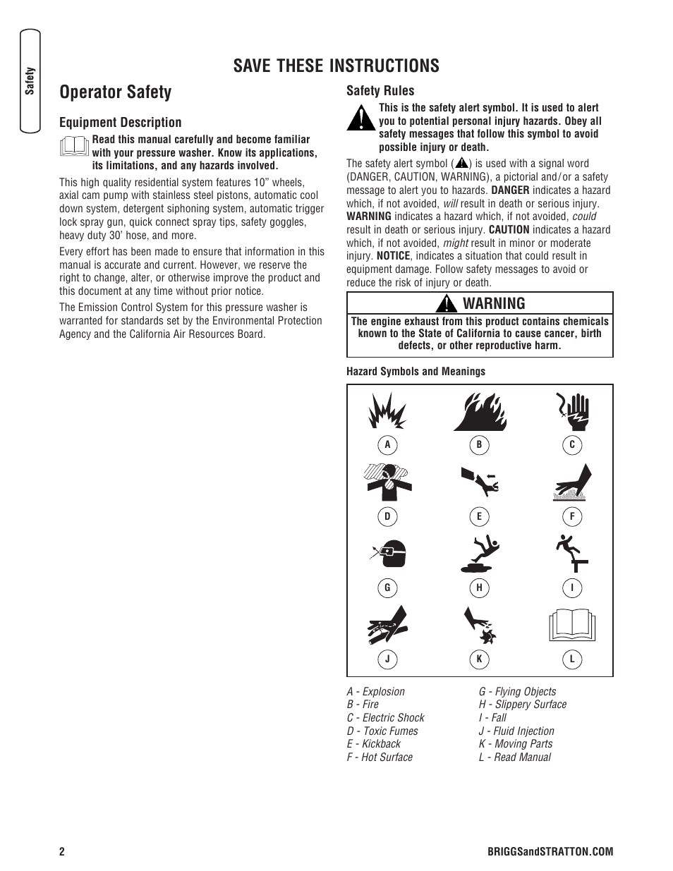 Operator safety, Equipment description safety rules, Save these instructions | Warning | Briggs & Stratton 020324-0 User Manual | Page 4 / 56