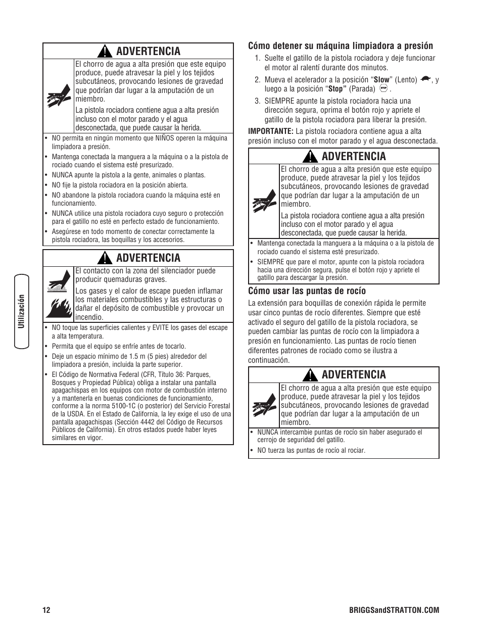 Advertencia | Briggs & Stratton 020324-0 User Manual | Page 42 / 56