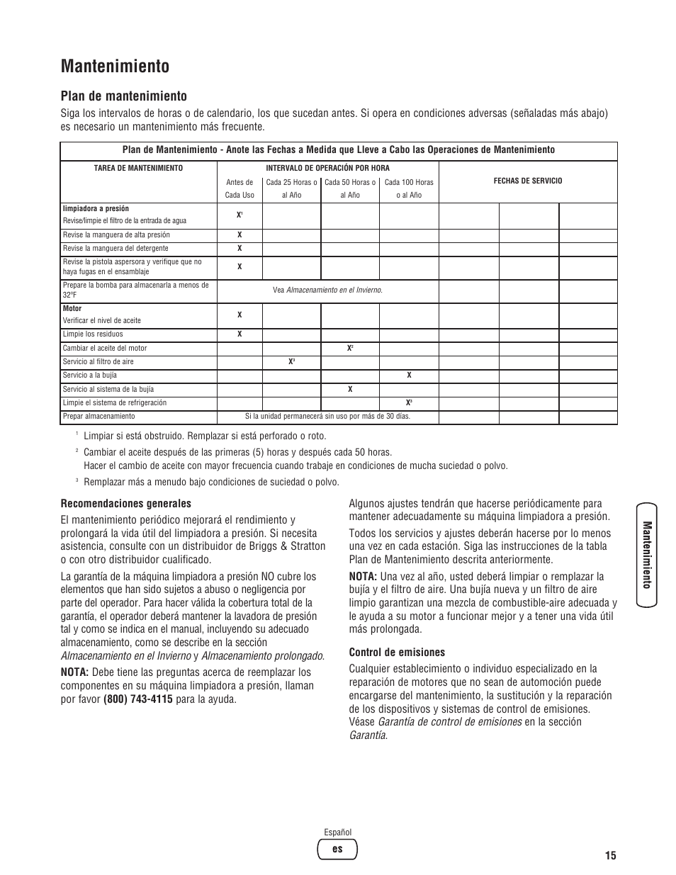 Mantenimiento, Plan de mantenimiento | Briggs & Stratton 020324-0 User Manual | Page 45 / 56