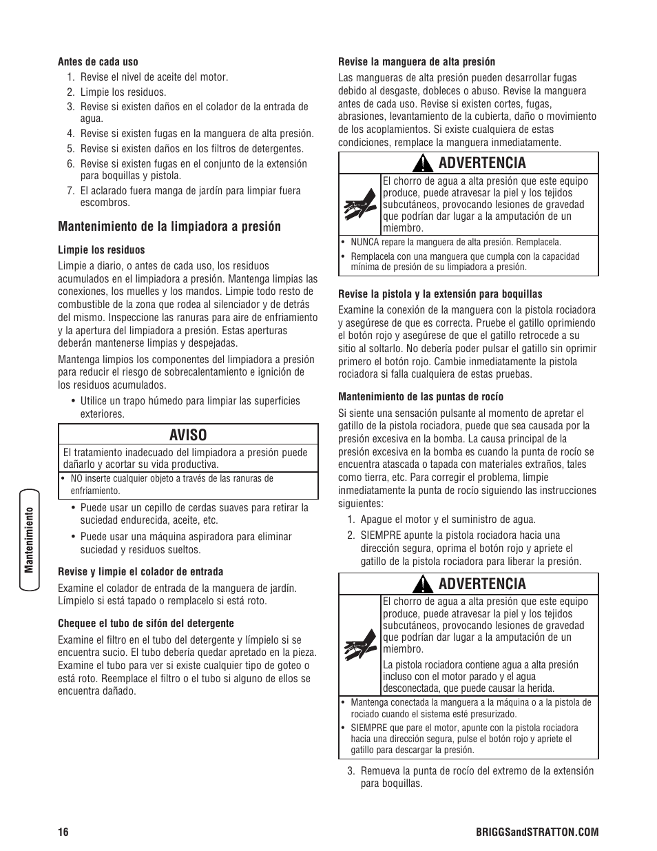 Aviso, Advertencia | Briggs & Stratton 020324-0 User Manual | Page 46 / 56