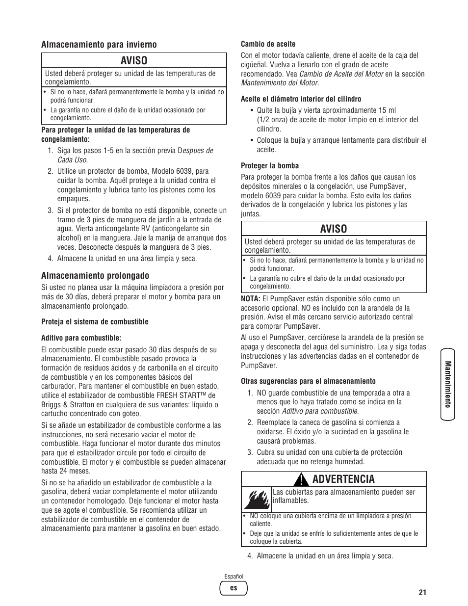 Aviso, Advertencia | Briggs & Stratton 020324-0 User Manual | Page 51 / 56