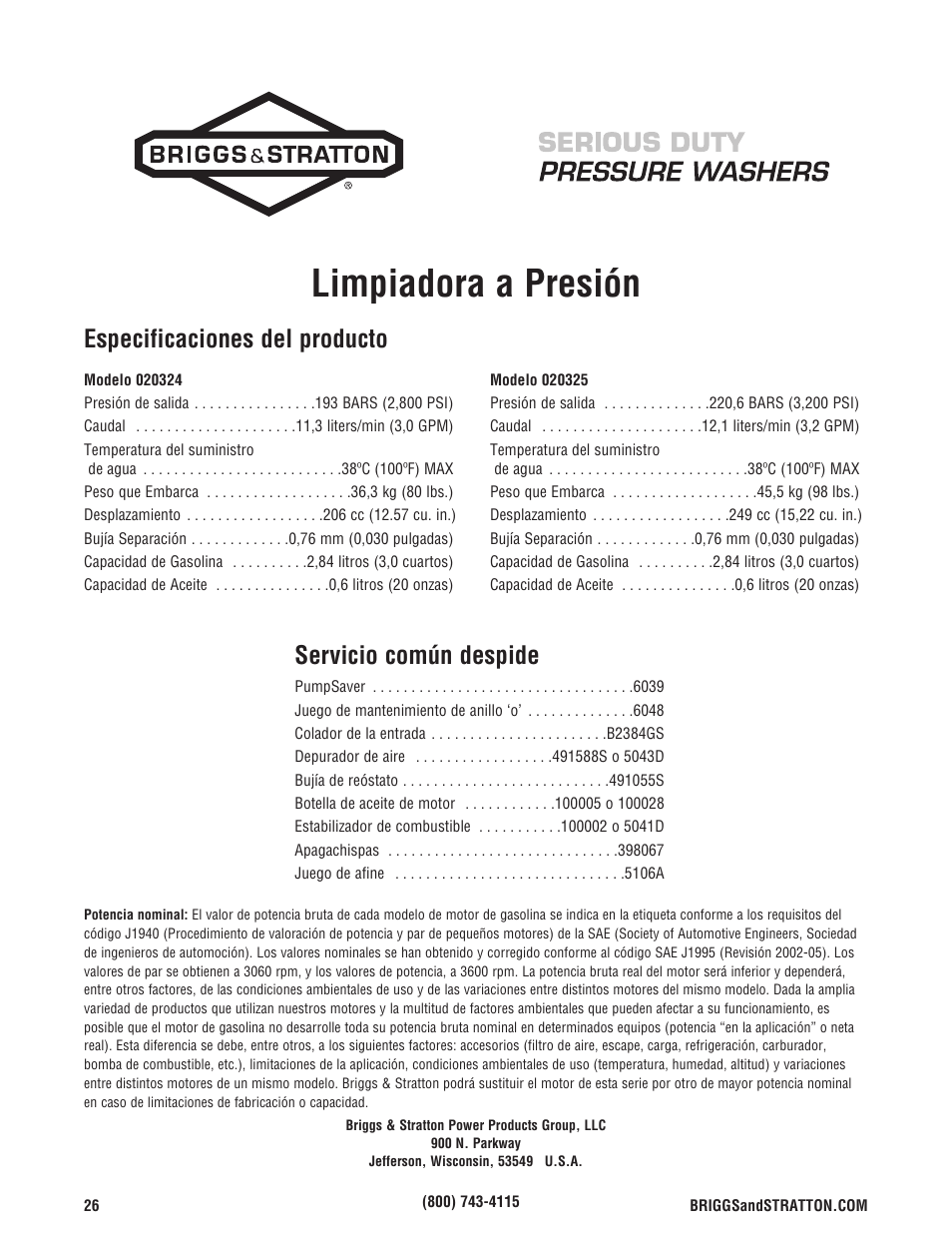 Limpiadora a presión, Servicio común despide, Especificaciones del producto | Briggs & Stratton 020324-0 User Manual | Page 56 / 56