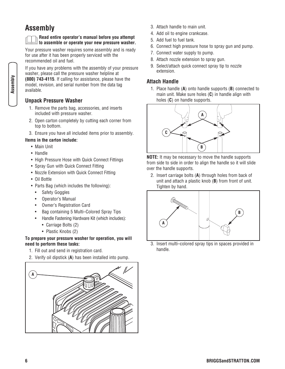 Assembly, Unpack pressure washer attach handle | Briggs & Stratton 020324-0 User Manual | Page 8 / 56