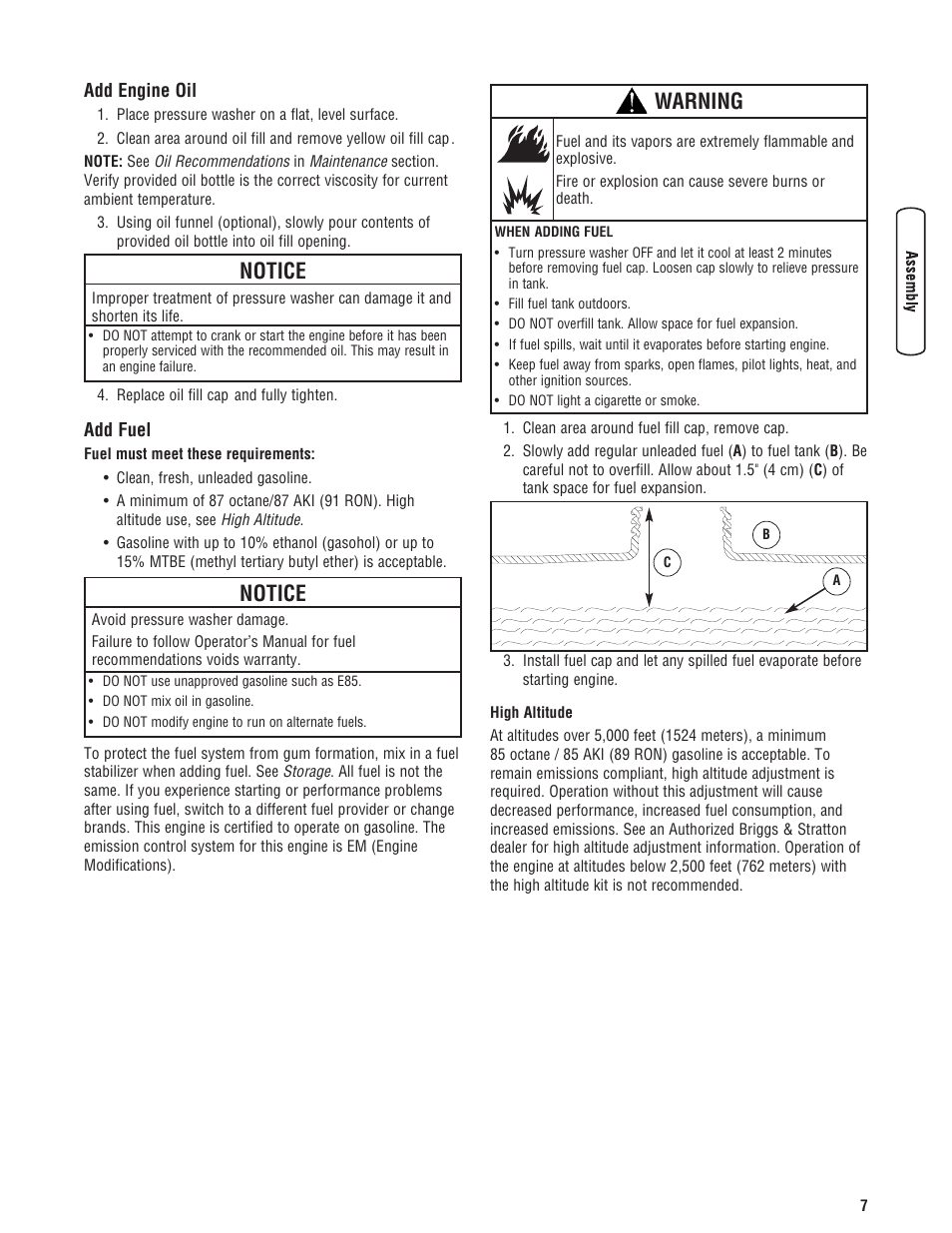 Add engine oil add fuel, Notice, Warning | Briggs & Stratton 020324-0 User Manual | Page 9 / 56